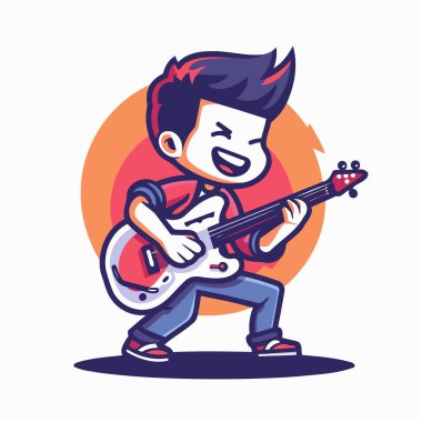 Gitar çalan çocuk. beyaz arkaplanda izole edilmiş çizgi film vektör çizimi.