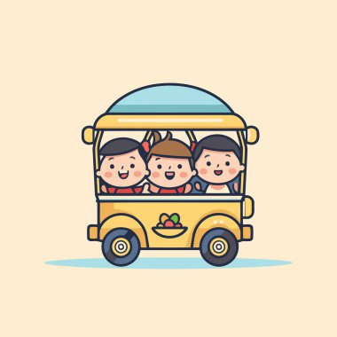 Okul otobüsündeki sevimli çocuklar. Vektör çizimi. Düz biçim.