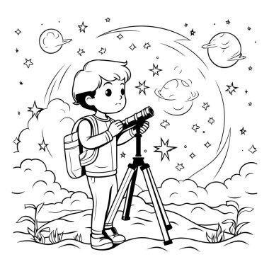 Gece gökyüzünün arka planında teleskopu olan bir çocuk. Vektör illüstrasyonu