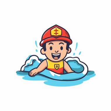 Yüzme havuzundaki sevimli çizgi film itfaiyecisi. Vektör illüstrasyonu.