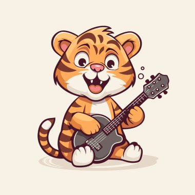 Gitar çalan sevimli kaplan. Sevimli çizgi film karakteri. Vektör illüstrasyonu.