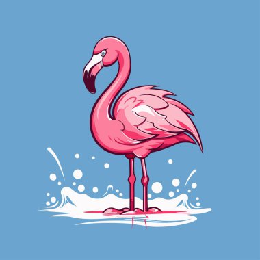 Pembe flamingo. Mavi arkaplanda bir flamingonun vektör illüstrasyonu.
