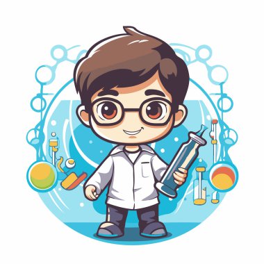 Test tüpü tutan ve kameraya bakan sevimli bir bilim adamı. Çizgi film vektör illüstrasyonu.