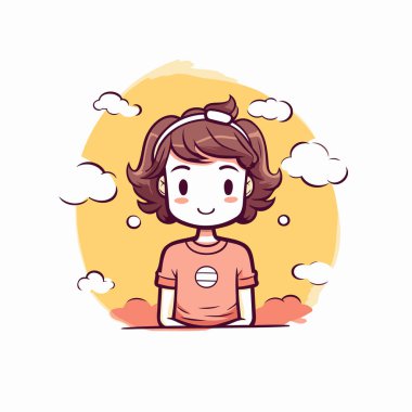 Gökyüzünün arka planında sevimli küçük bir kız. Vektör illüstrasyonu.