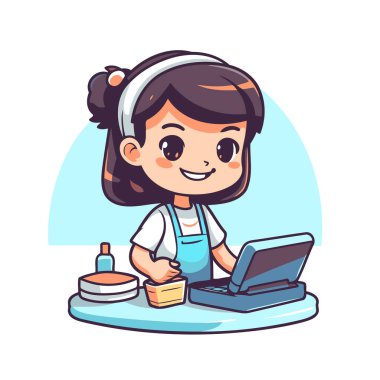 Evde dizüstü bilgisayarla çalışan tatlı küçük kız. Vektör illüstrasyonu.