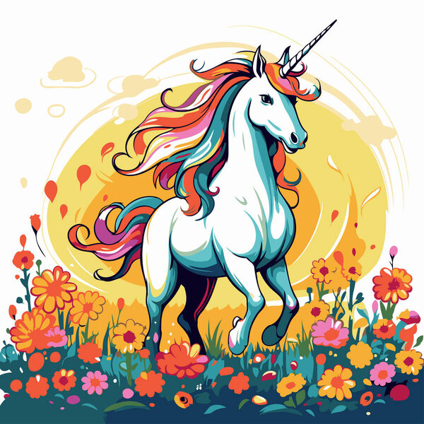 Unicornio Prado Con Flores Ilustración Vectorial — Vector de stock