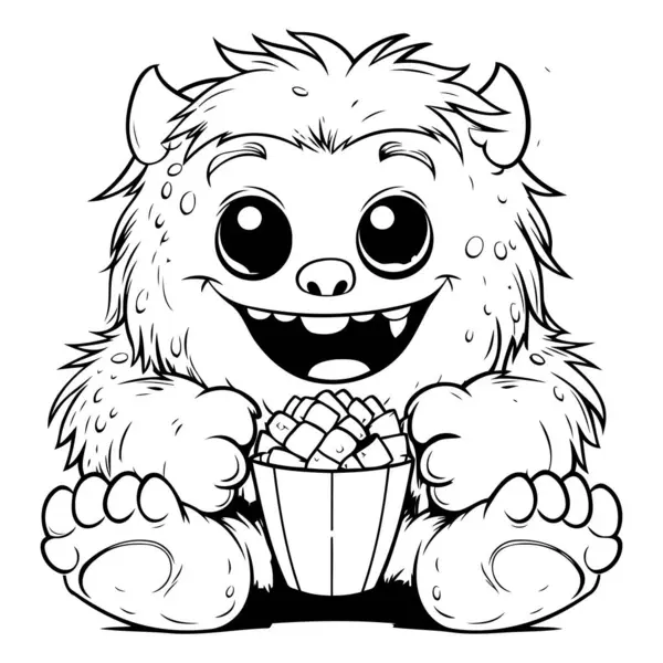 Czarno Biała Kreskówka Ilustracja Cute Little Bear Jedzenie Popcorn Kolorowanki — Wektor stockowy