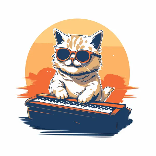 Cute Cat Sunglasses Plays Synthesizer Vector Illustration — Stock Vector