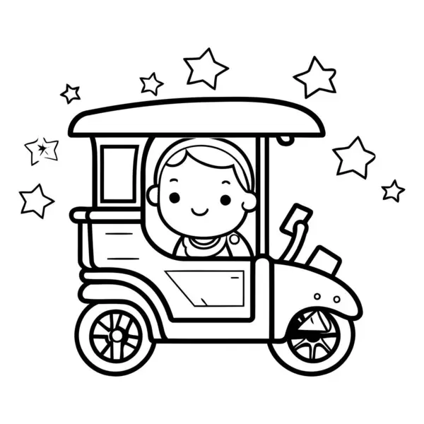 かわいい小さな男の子運転トゥクトゥトのおもちゃベクターのイラストデザイン — ストックベクタ