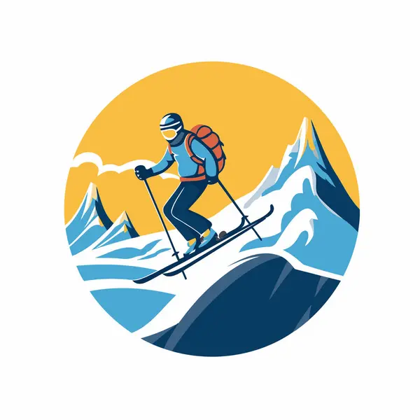 スキーアイコン 雪山でジャンプするスキーヤーのベクトルイラスト — ストックベクタ