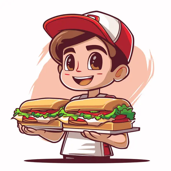 stock vector Cartoon character of a boy in a cap holding a sandwich.