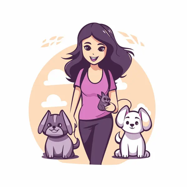 Girl Dogs Vector Illustration Cartoon Style White Background — Stock Vector