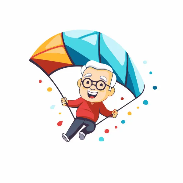 Happy Old Man Flying Parachute Vector Illustration Cartoon Style — Stock Vector
