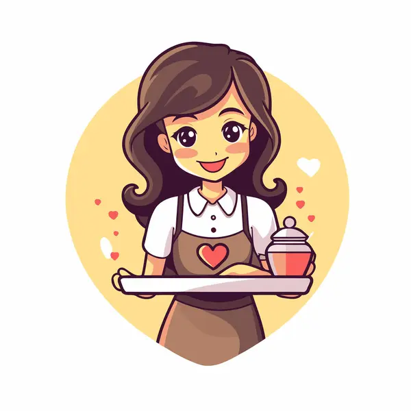 Cute Waitress Holding Tray Sweet Food Vector Illustration Cartoon Style — Stock Vector