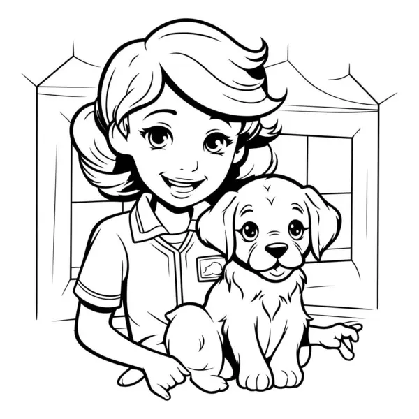少女と犬 黒と白のベクター絵本のためのイラスト — ストックベクタ