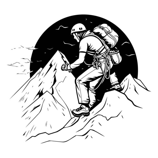 Турист на вершине горы. Черно-белая векторная иллюстрация.