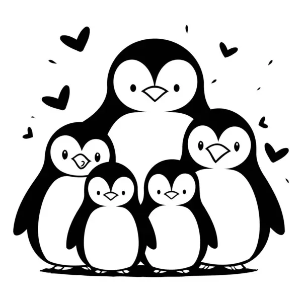 Penguin Family Black White Vector Illustration Coloring Book — Stock Vector