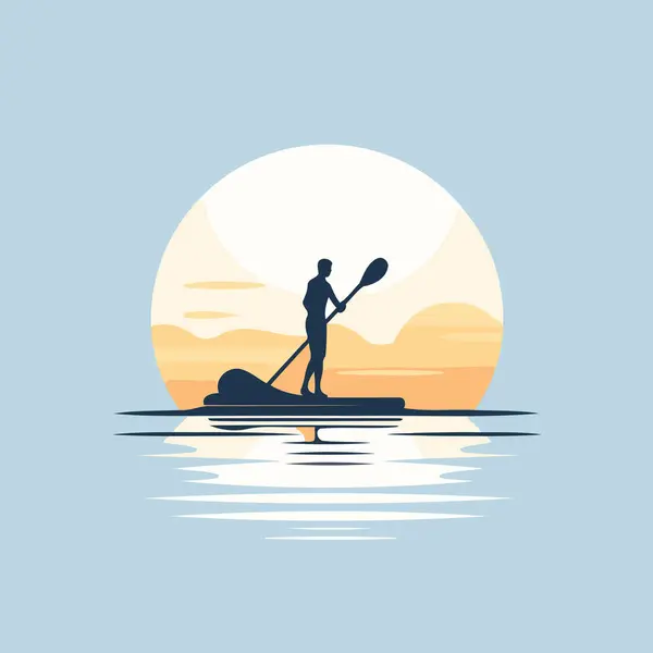 Silhouette Homme Pagayant Kayak Coucher Soleil Illustration Vectorielle — Image vectorielle