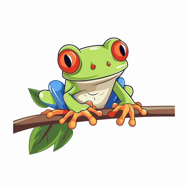 Cartoon Green Tree Frog Sitting Branch Vector Illustration — Stock Vector