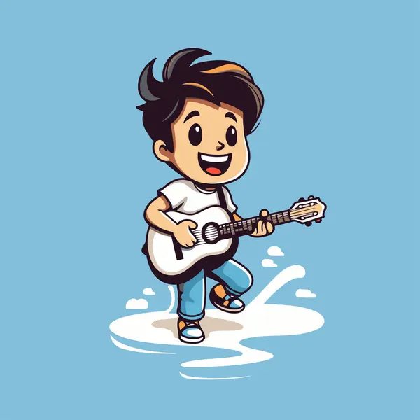 Cartoon Boy Playing Guitar Vector Illustration Isolated Blue Background — Stock Vector