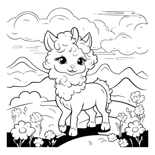 Coloring Page Outline Cartoon Alpaca Flowers — Stock Vector
