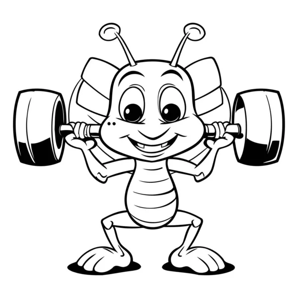 stock vector Black And White Ant Cartoon Mascot Character With Barbells