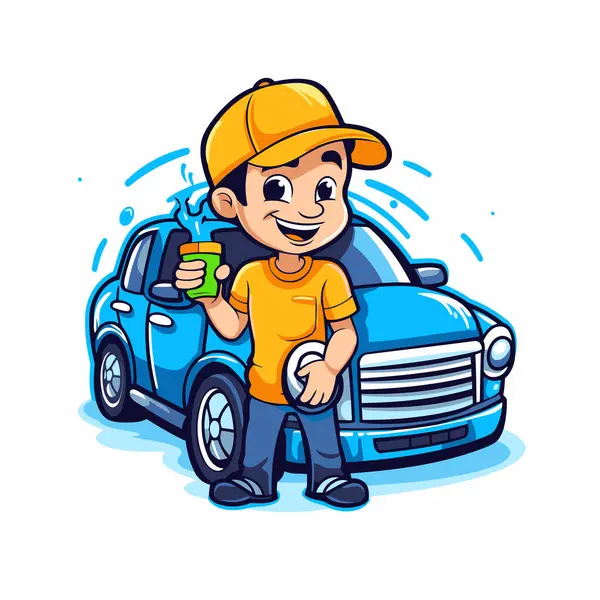 Cartoon Car Wash Worker Holding Cup Coffee Vector Illustration — Stock Vector