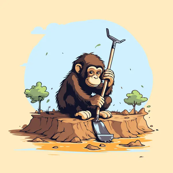 Monkey Shovel Mobile Phone Vector Illustration — Stock Vector