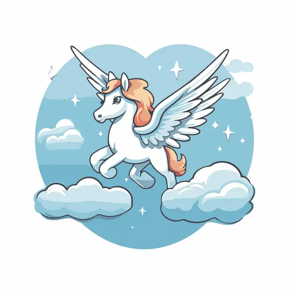 Cute Unicorn Flying Sky Clouds Vector Illustration — Stock Vector