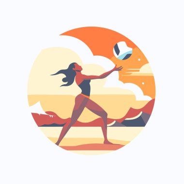 Kumsalda voleybol oynayan bir kadın. Düz biçimli vektör illüstrasyonu.