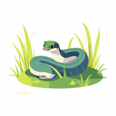 Çimenlerdeki yeşil yılan. Vektör illüstrasyonu beyaz arkaplanda izole edildi.