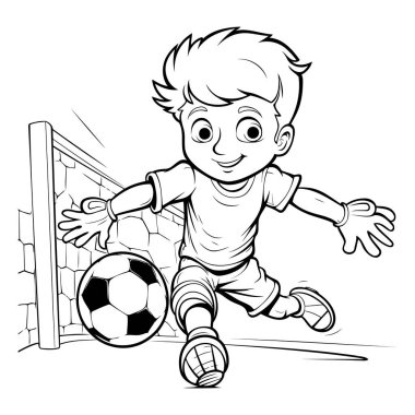 Küçük çocuk futbol oynuyor. Boyama kitabı için siyah ve beyaz vektör çizimi.
