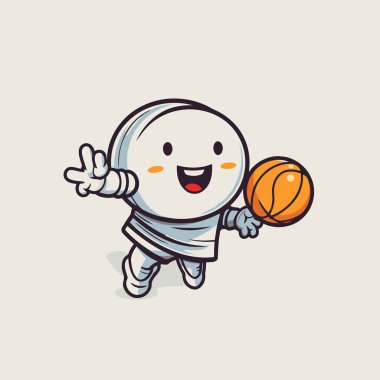 Basketbol topu tutan sevimli astronot. Vektör çizimi. Çizgi film biçimi.