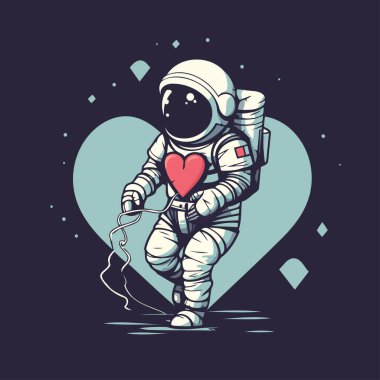 Elinde bir kalple bir astronot. Vektör illüstrasyonu.