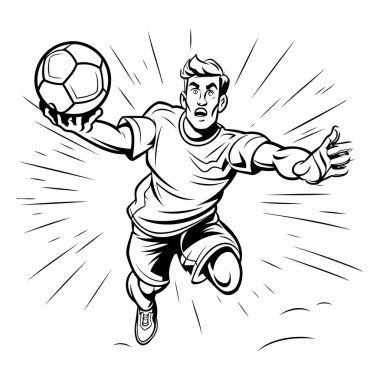 Futbolcu zıplıyor ve topa vuruyor. Siyah ve beyaz vektör çizimi.