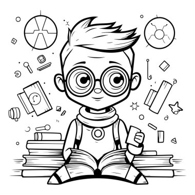 Kitap okuyan gözlüklü bir çocuğun vektör çizimi. Çocuklar için boyama kitabı.