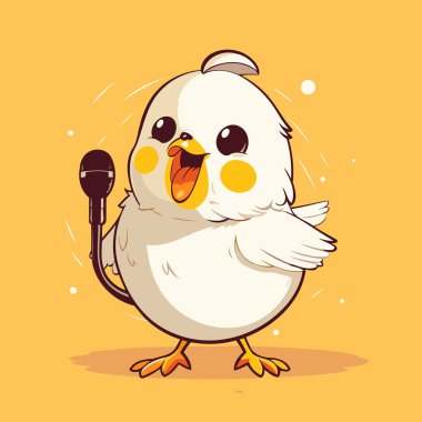 Sarı arka planda mikrofonu olan şirin çizgi film tavuğu. Vektör illüstrasyonu.