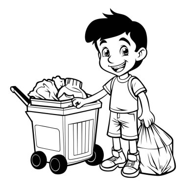 Siyah beyaz çizgi film çizimi çöp kutusu taşıyan bir çocuğun.