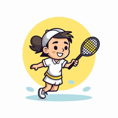 Tenis oynayan kız. Beyaz arkaplanda çizgi film tarzında vektör illüstrasyonu.