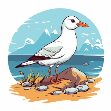 Deniz kıyısındaki martı. Çizgi film tarzında vektör illüstrasyonu