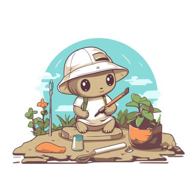 Bahçede çalışan küçük bir çocuğun vektör çizimi. Çizgi film biçimi.