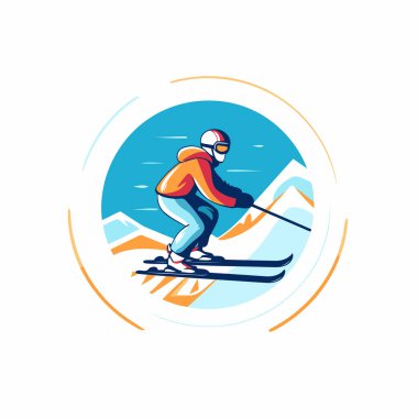 Kayak merkezi amblemi, kask ve gözlüklü kayakçı. Vektör illüstrasyonu.