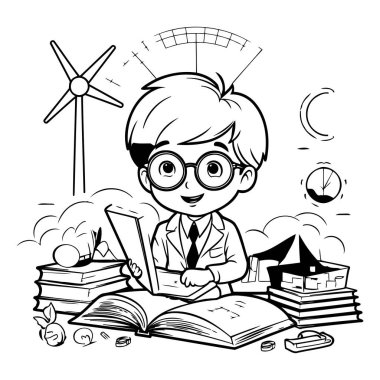 Elinde kitap ve rüzgar türbini olan bir çocuk. Siyah beyaz illüstrasyon.
