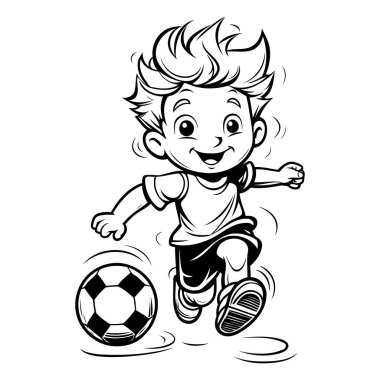Futbolcu Çocuk Topla Koşuyor - Siyah ve Beyaz Çizgi Film İllüstrasyonu. Vektör