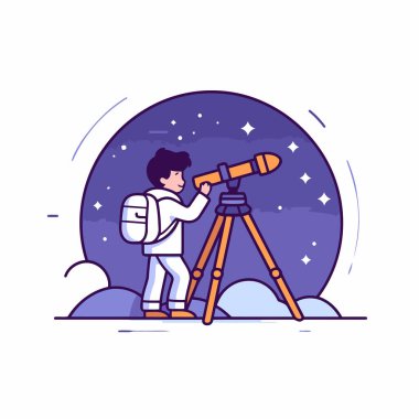 Teleskopla bakan bir çocuğun vektör çizimi. Düz biçim tasarımı.