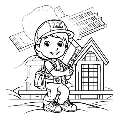 Siyah ve Beyaz Çizgi Film: Boyama Kitabı Evi 'nin önünde elinde silah tutan şirin çocuk tasviri.