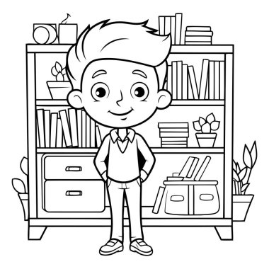 Kitaplığın önünde duran çocuk. Siyah ve beyaz vektör çizimi.