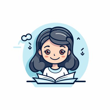 Kitap okuyan tatlı bir kız. Çizgi film tarzında vektör illüstrasyonu.