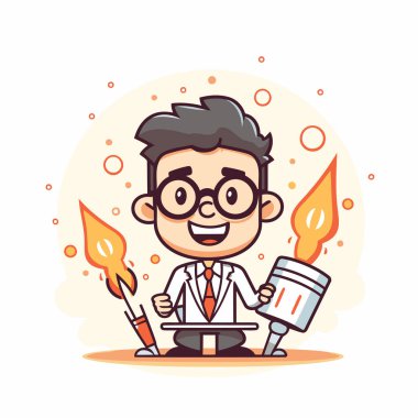 Çizgi film doktoru elinde yanan bir mum tutuyor. Vektör illüstrasyonu.