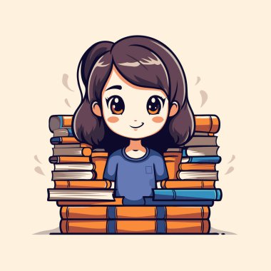 Kitap yığınının üzerinde oturan sevimli küçük kız. Vektör illüstrasyonu.